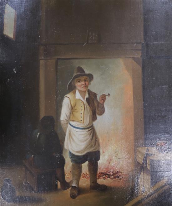 19th century Flemish School Figures beside a fireplace 26 x 20cm., unframed